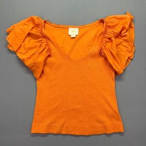 Maeve Anthropologie Ruffle Sleeve Top Ribbed V-Neck Blouse Orange Medium